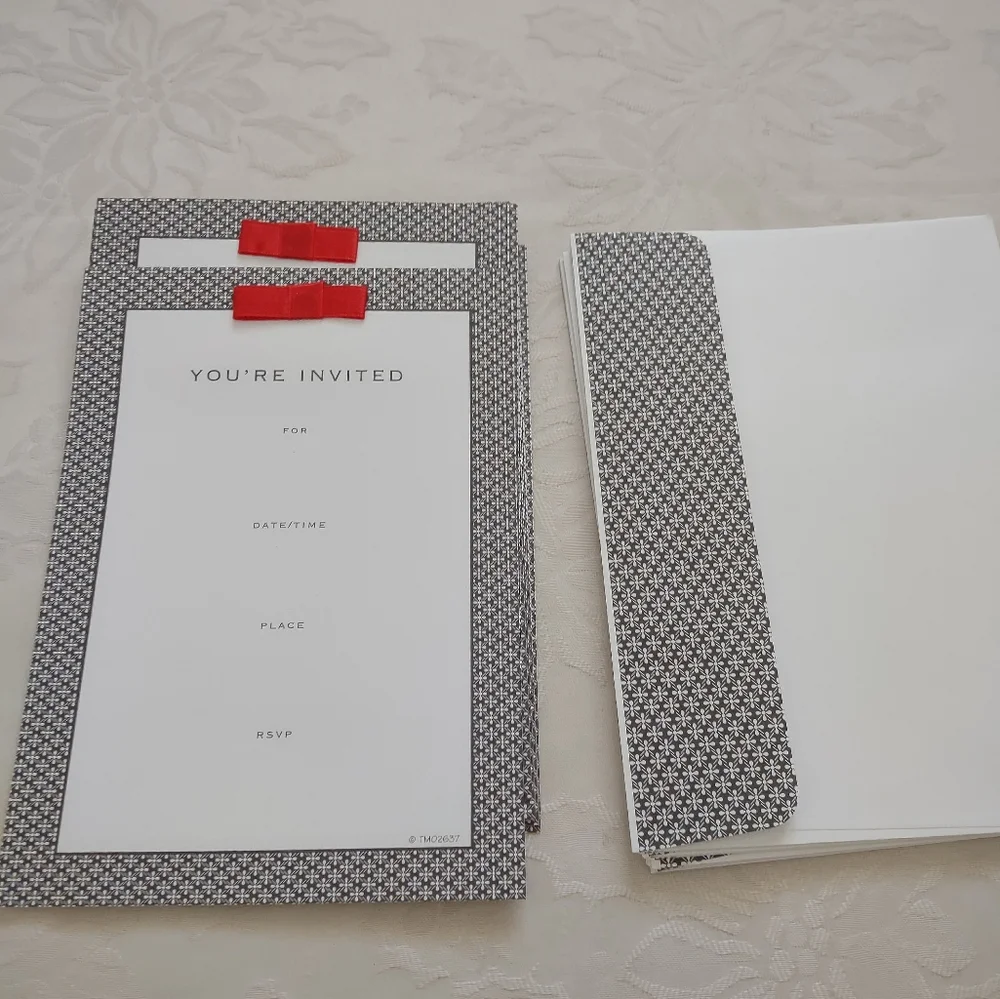 Decorative black white lace print red bow You're Invited cards